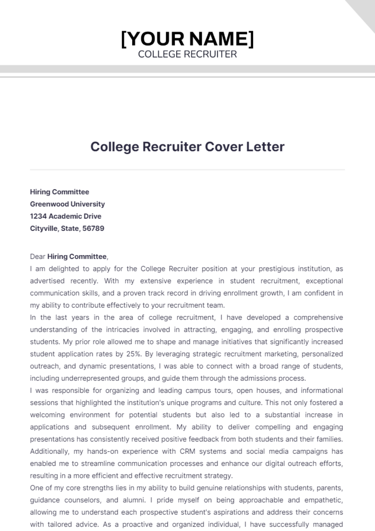 College Recruiter Cover Letter - Edit Online & Download