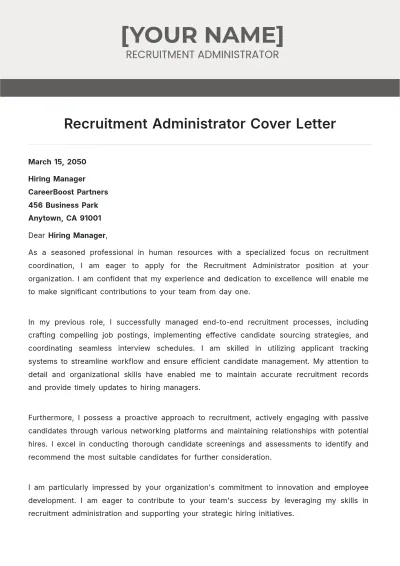 Free Recruitment Administrator Cover Letter to Edit Online