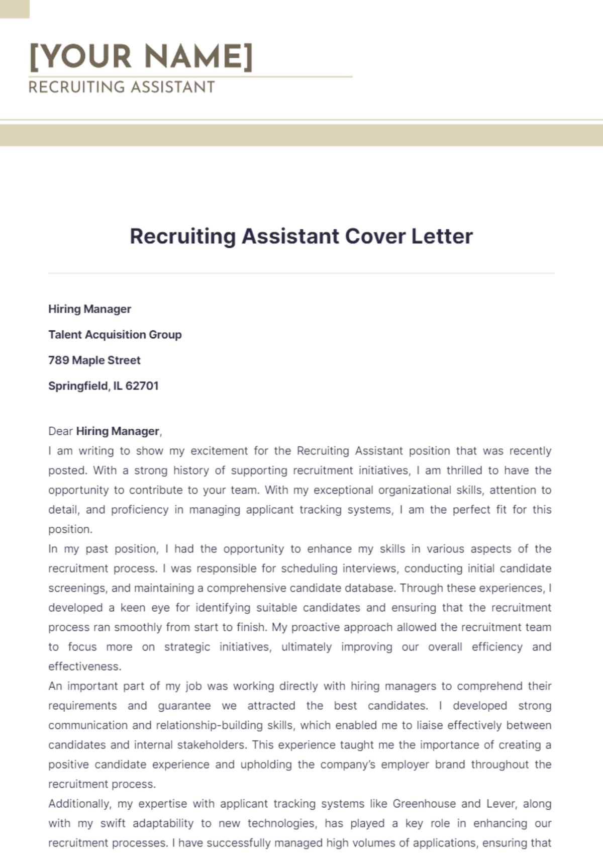 Recruiting Assistant Cover Letter - Edit Online & Download