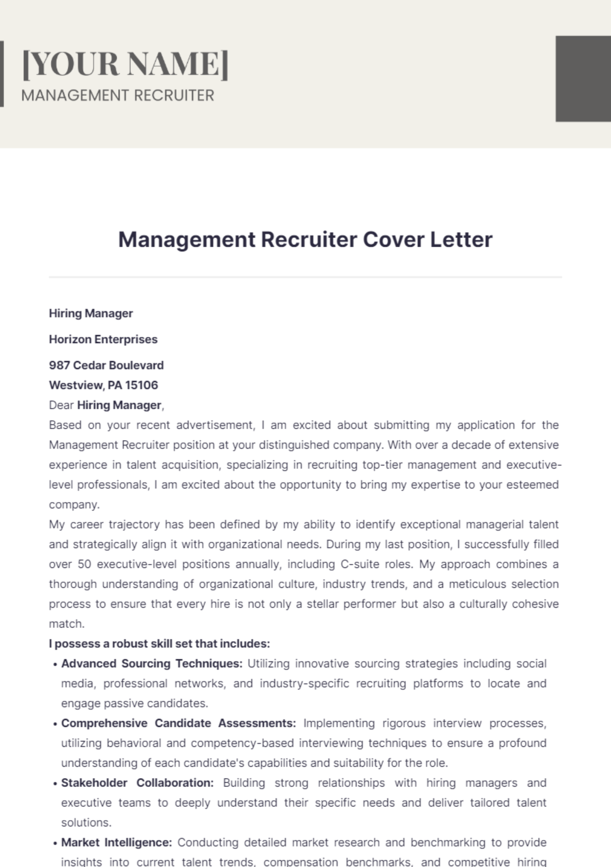 Management Recruiter Cover Letter - Edit Online & Download