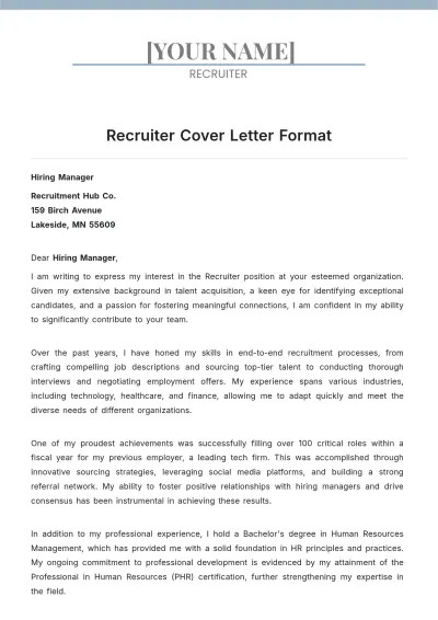 Free Recruiter Cover Letter Format to Edit Online