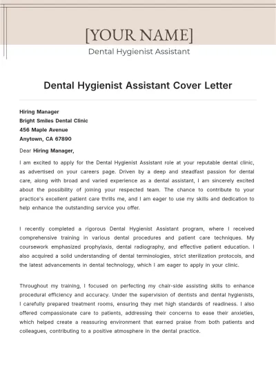 Free Dental Hygienist Assistant Cover Letter to Edit Online