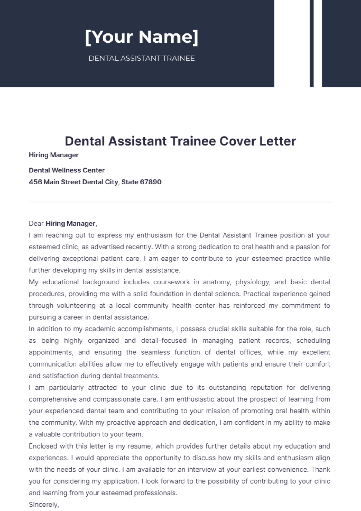 Dental Assistant Trainee Cover Letter - Edit Online & Download