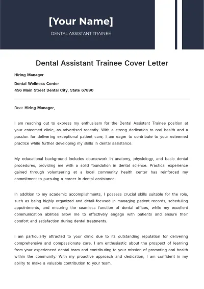 Free Dental Assistant Trainee Cover Letter to Edit Online