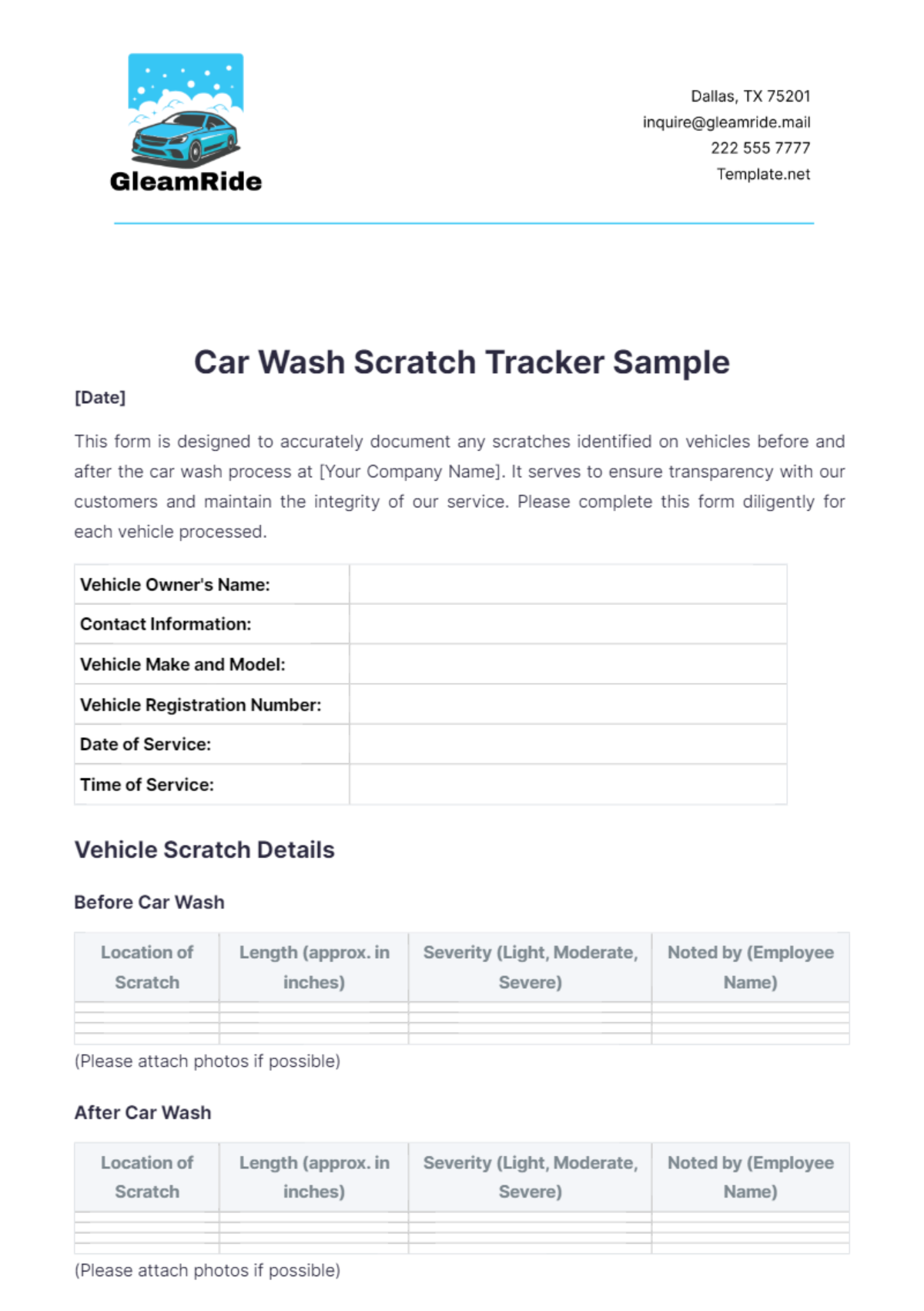 Car Wash Scratch Tracker Sample Template - Edit Online & Download