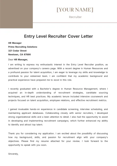Free Entry Level Recruiter Cover Letter to Edit Online