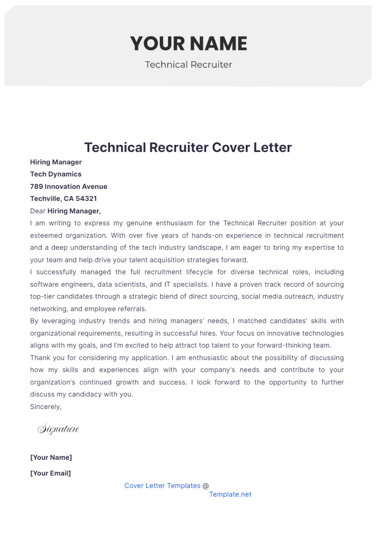 Technical Recruiter Cover Letter - Edit Online & Download