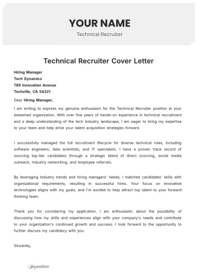 Free Technical Recruiter Cover Letter to Edit Online