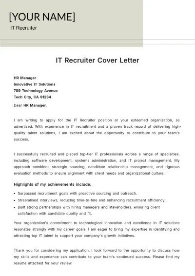Free IT Recruiter Cover Letter to Edit Online