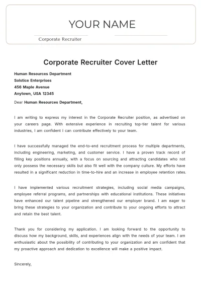 Free Corporate Recruiter Cover Letter to Edit Online