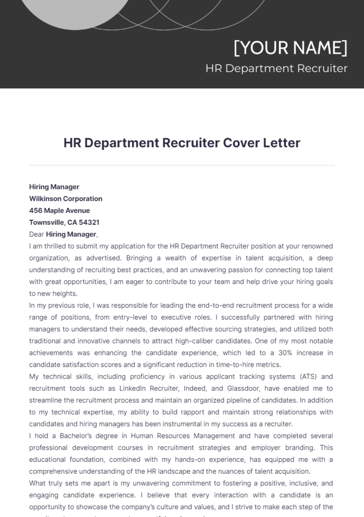 cover letter for hr recruiter position