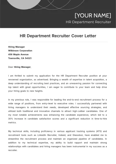 Free HR Department Recruiter Cover Letter to Edit Online