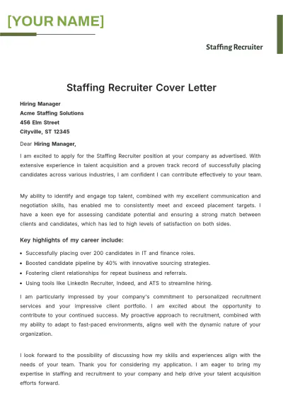 Free Staffing Recruiter Cover Letter to Edit Online