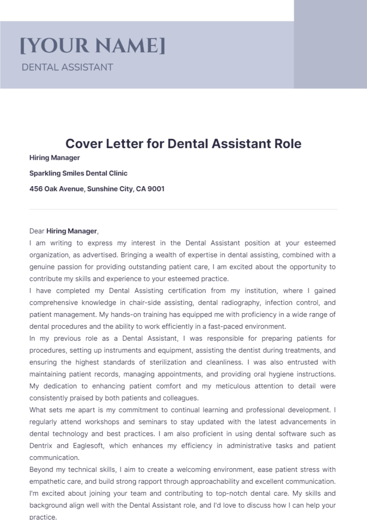 Cover Letter for Dental Assistant Role - Edit Online & Download