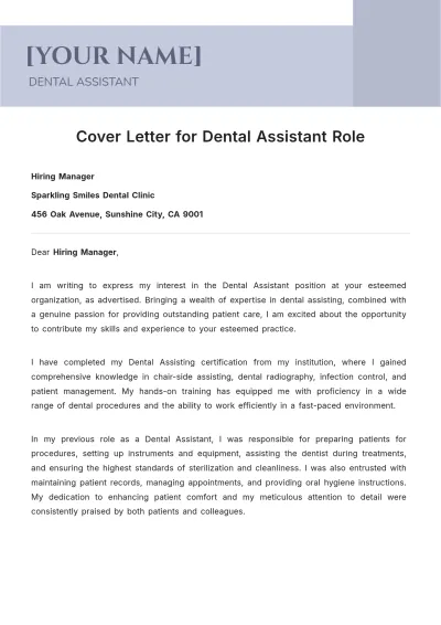 Free Cover Letter for Dental Assistant Role to Edit Online