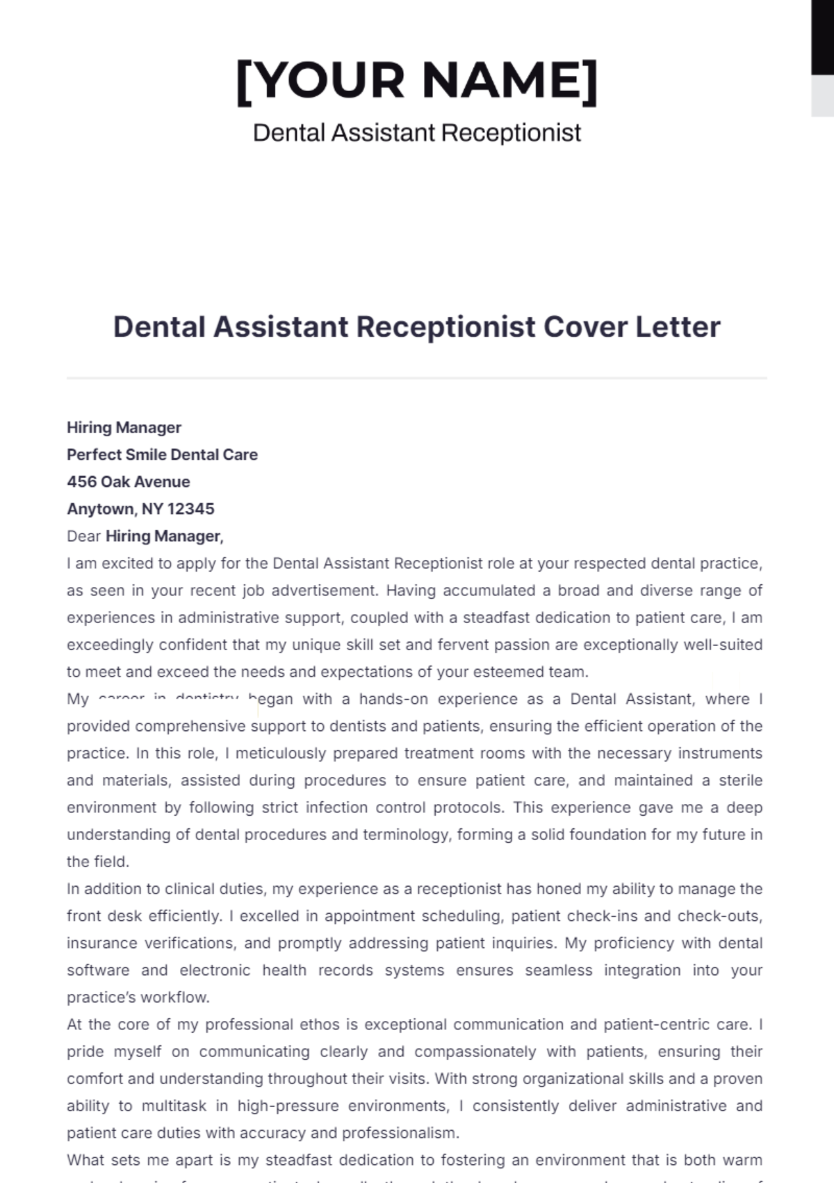 Free Dental Assistant Receptionist Cover Letter Template