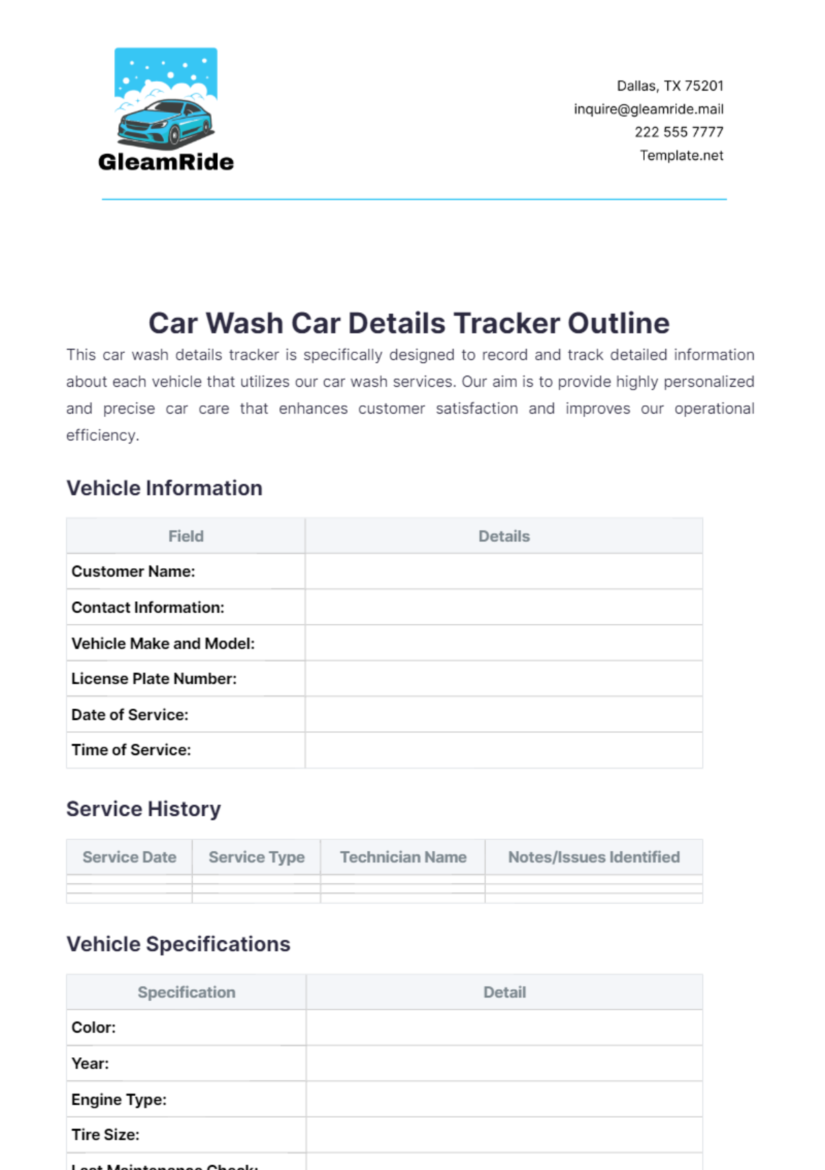 Car Wash Car Details Tracker Outline Template - Edit Online & Download