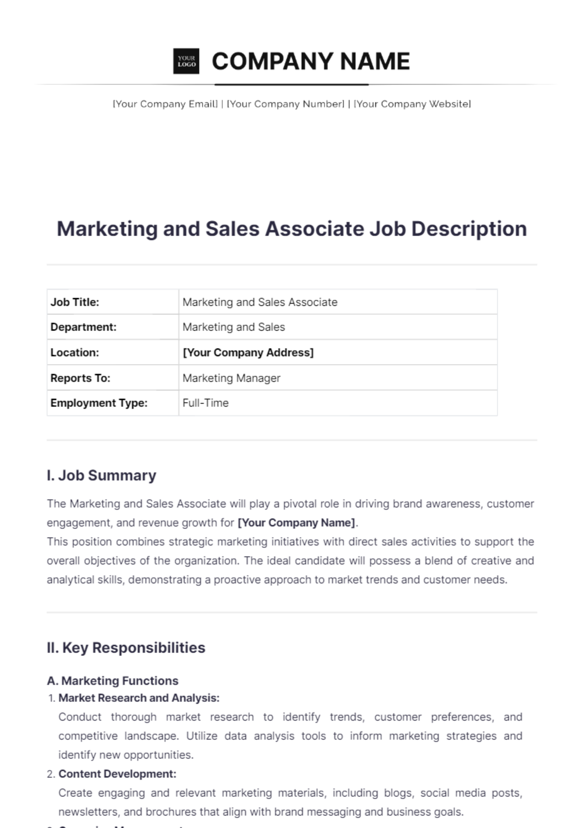 Marketing And Sales Associate Job Description