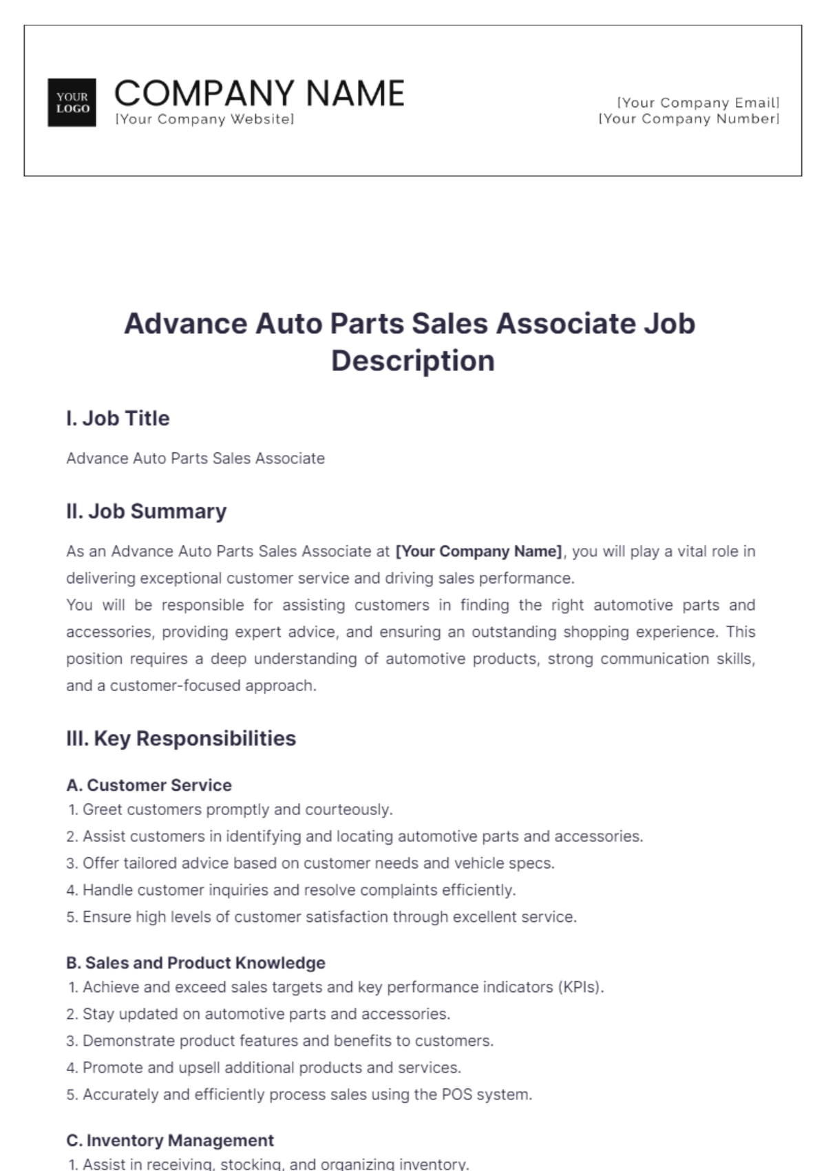 Advance Auto Parts Sales Associate Job Description