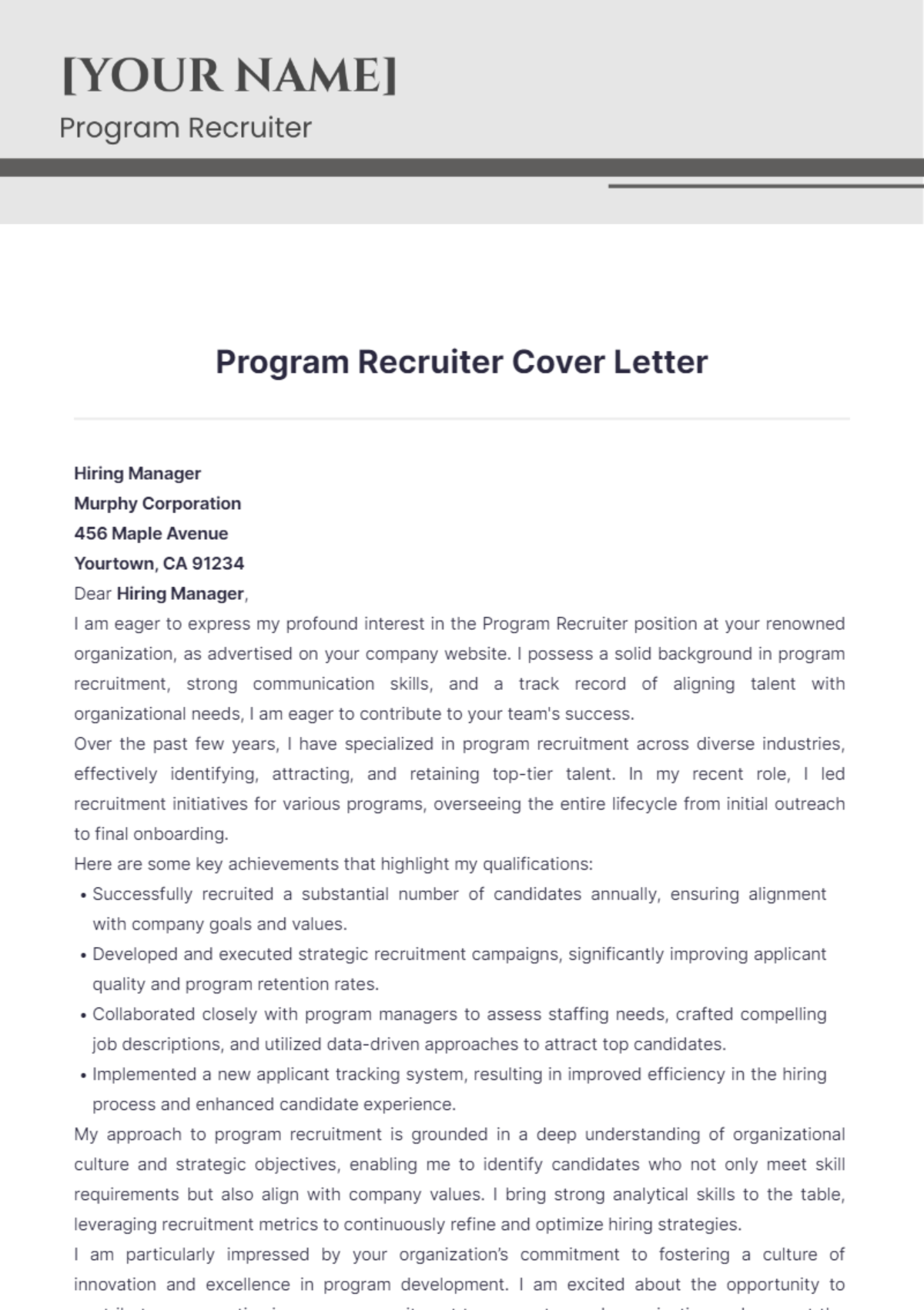 Program Recruiter Cover Letter - Edit Online & Download