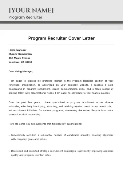 Free Program Recruiter Cover Letter to Edit Online
