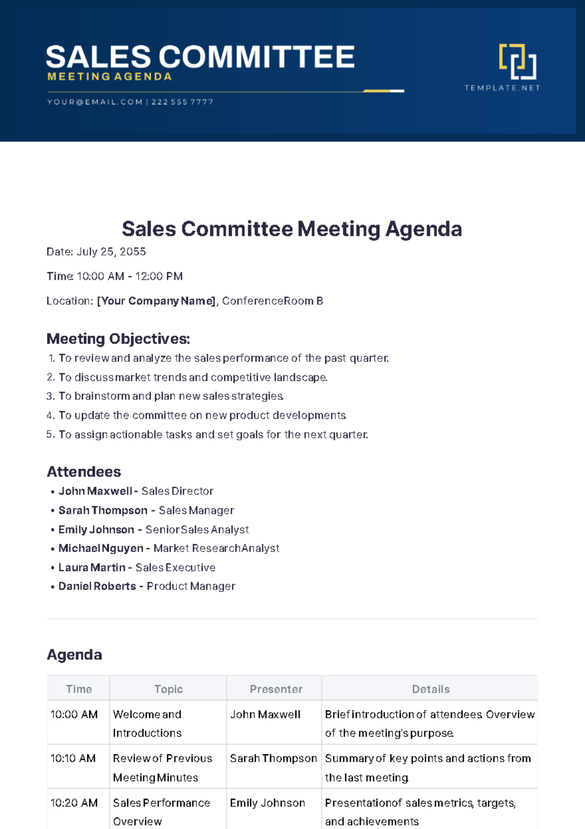 Sales Committee Meeting Agenda Template - Edit Online & Download