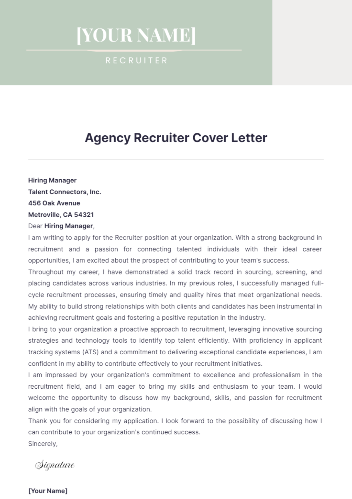 Agency Recruiter Cover Letter - Edit Online & Download