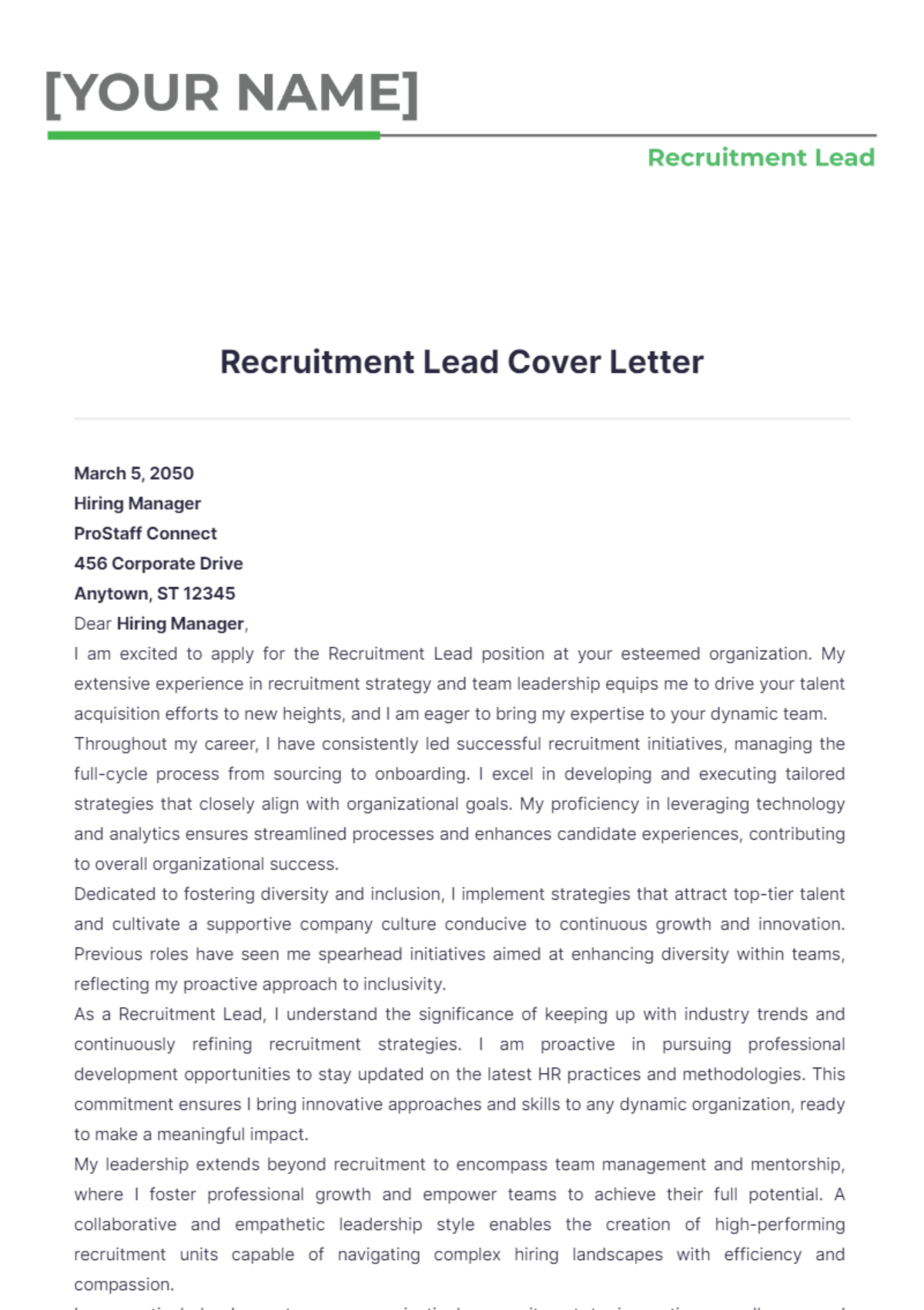 Recruitment Lead Cover Letter - Edit Online & Download