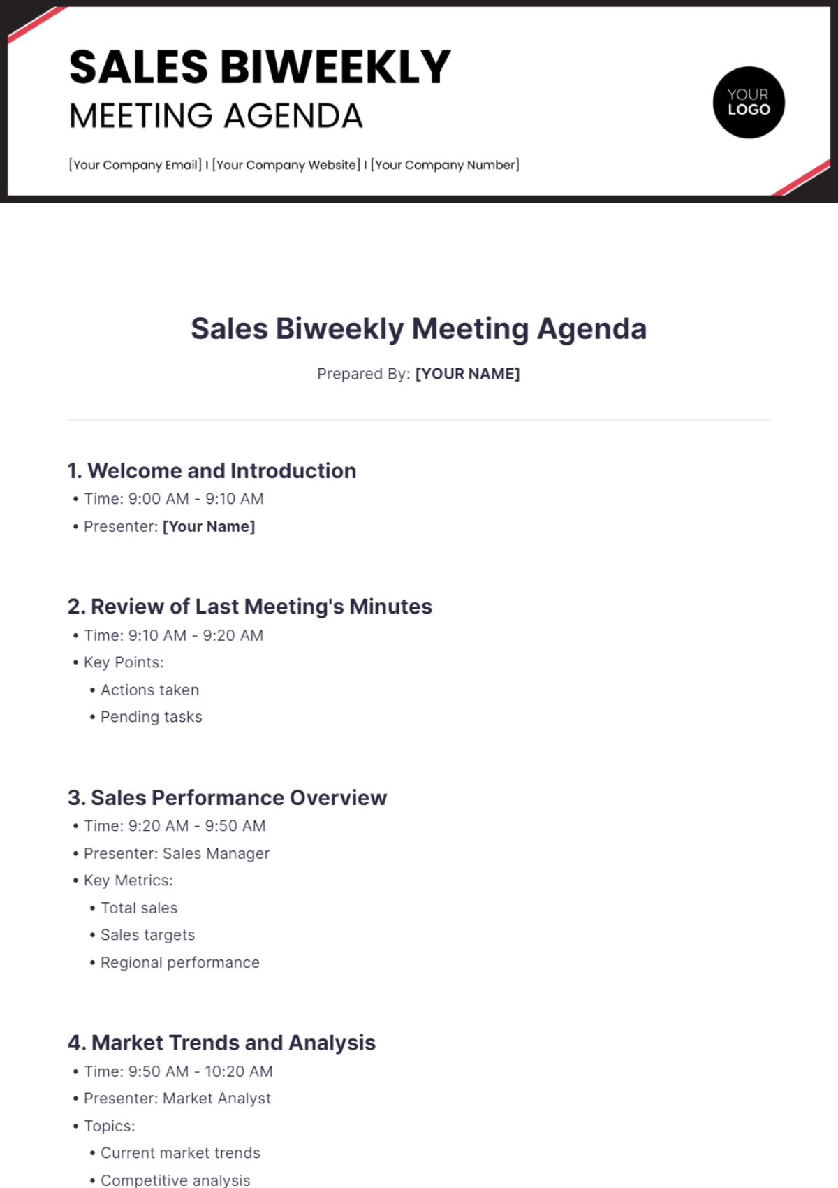 Sales Biweekly Meeting Agenda Template - Edit Online & Download