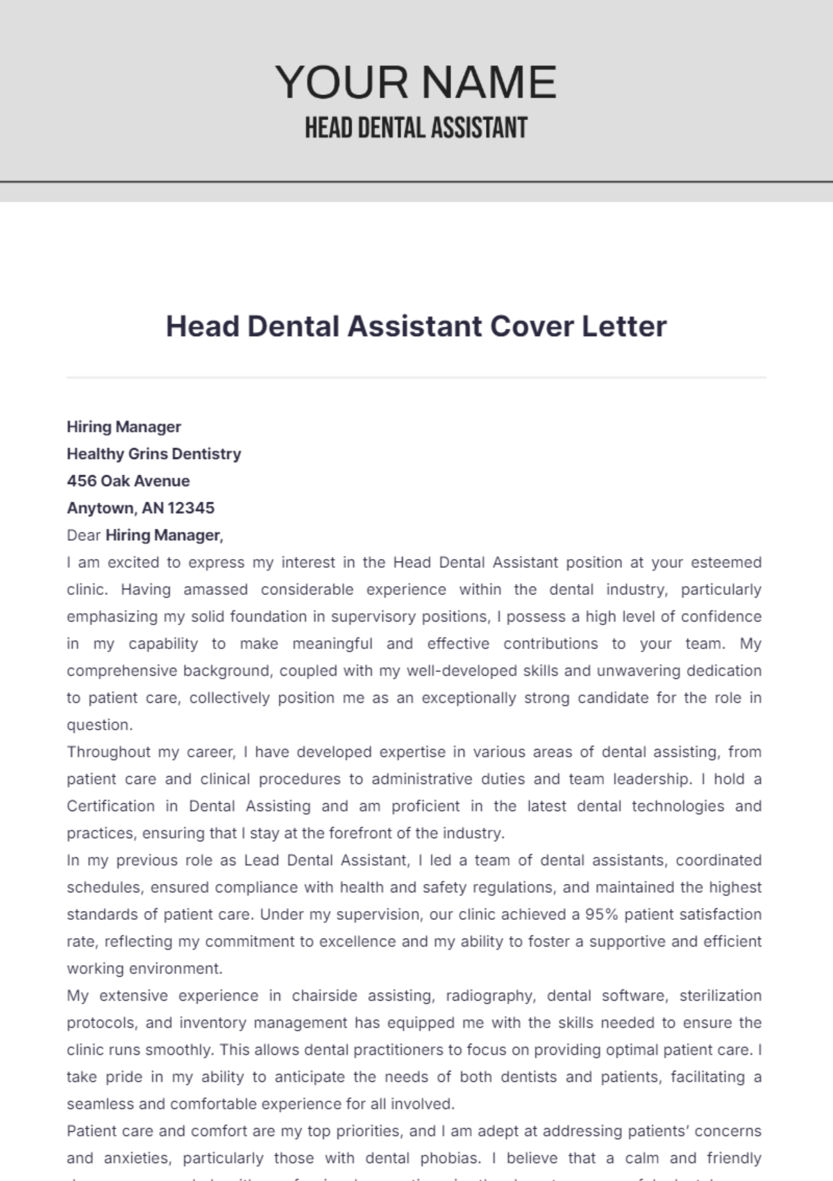 Head Dental Assistant Cover Letter - Edit Online & Download