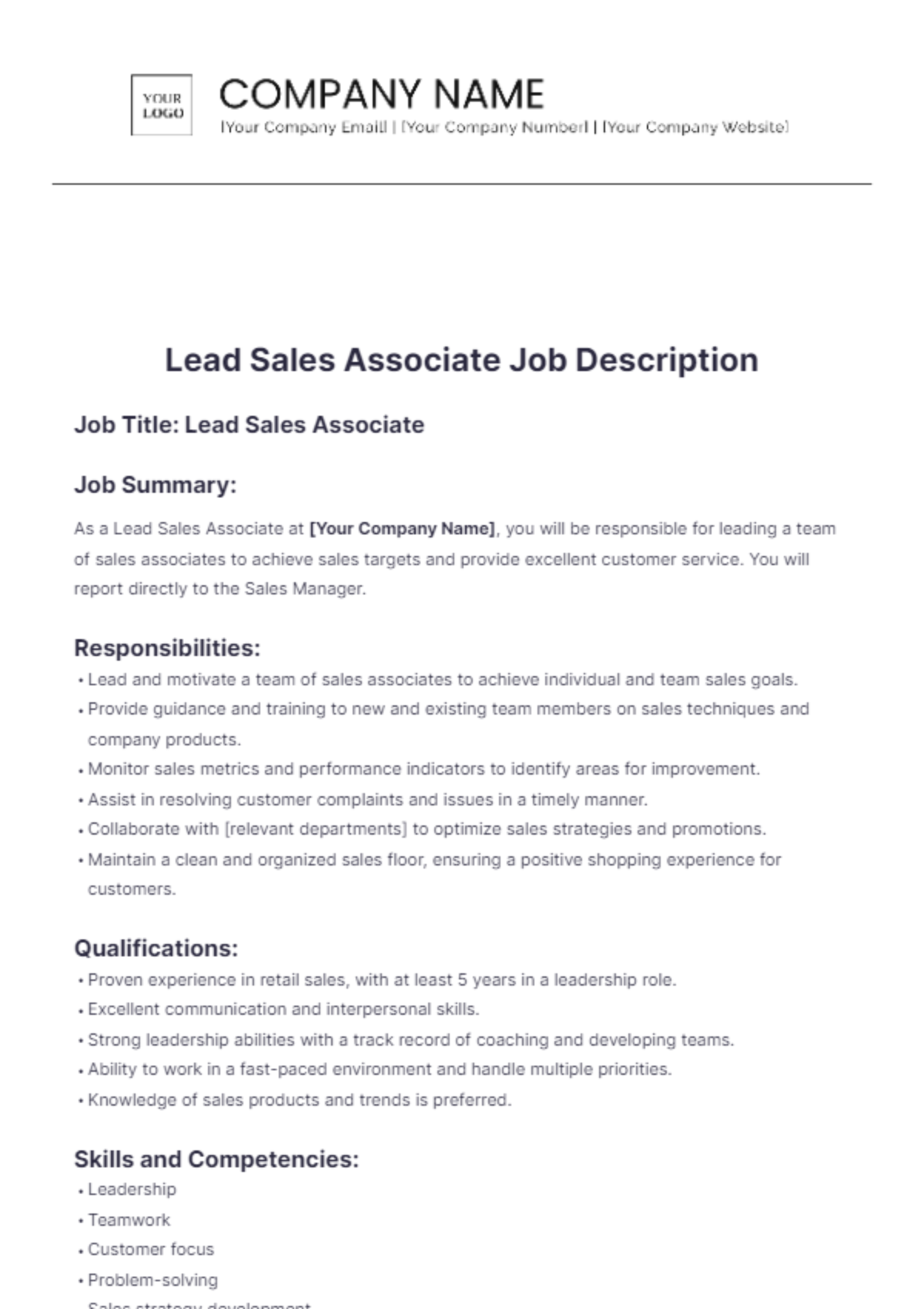 Lead Sales Associate Job Description