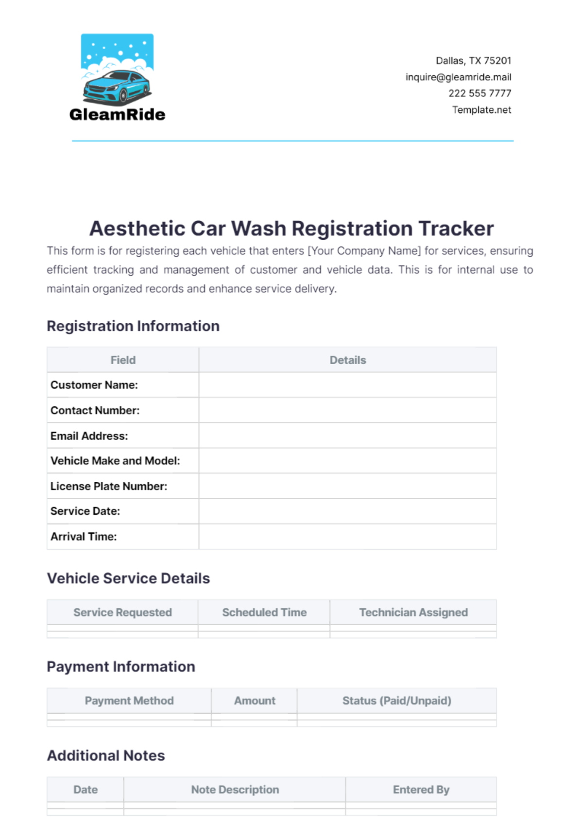 Aesthetic Car Wash Registration Tracker Template - Edit Online & Download