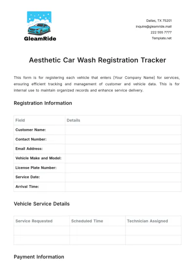 Free Aesthetic Car Wash Registration Tracker Template to Edit Online