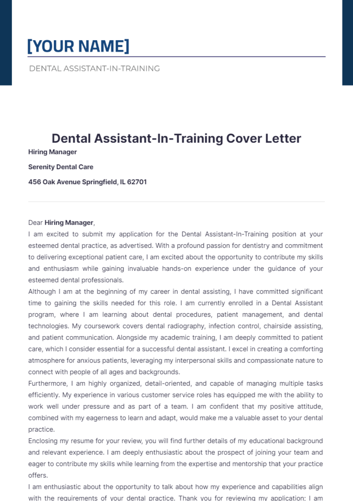 Dental Assistant-In-Training Cover Letter - Edit Online & Download