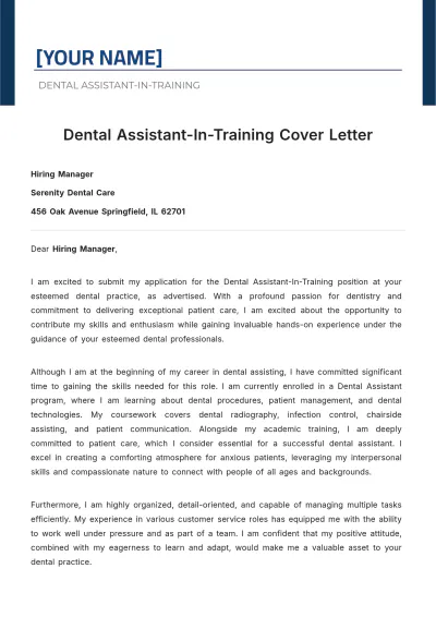 Free Dental Assistant-In-Training Cover Letter to Edit Online