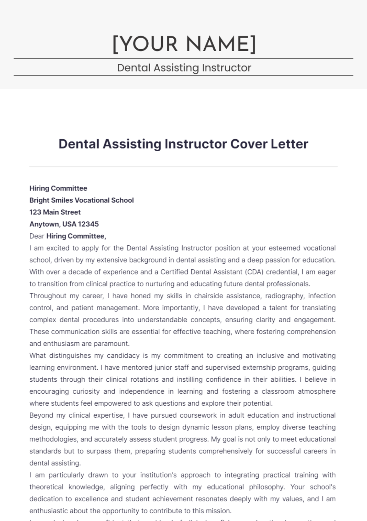 Dental Assisting Instructor Cover Letter - Edit Online & Download