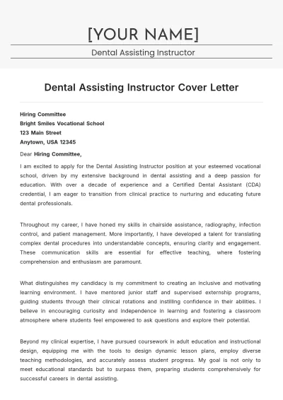 Free Dental Assisting Instructor Cover Letter to Edit Online