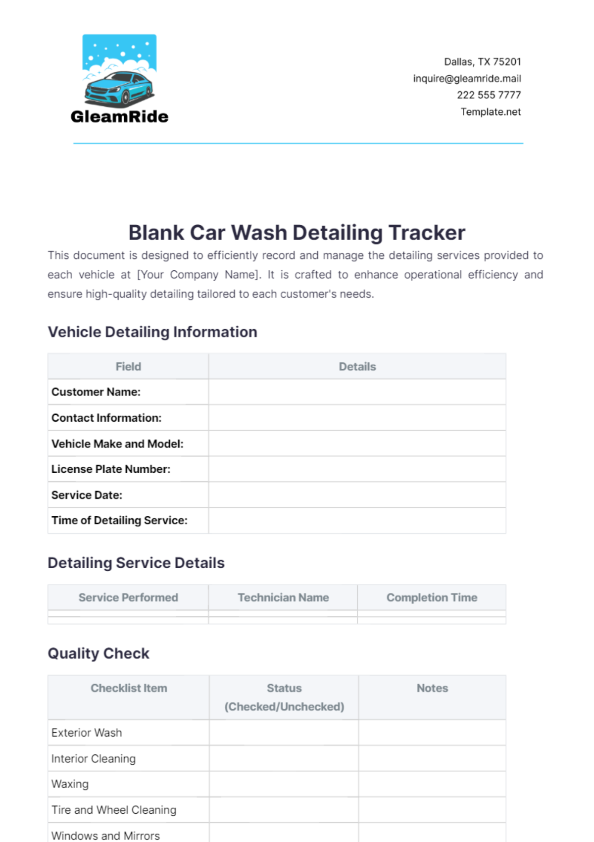 Blank Car Wash Detailing Tracker Template - Edit Online & Download