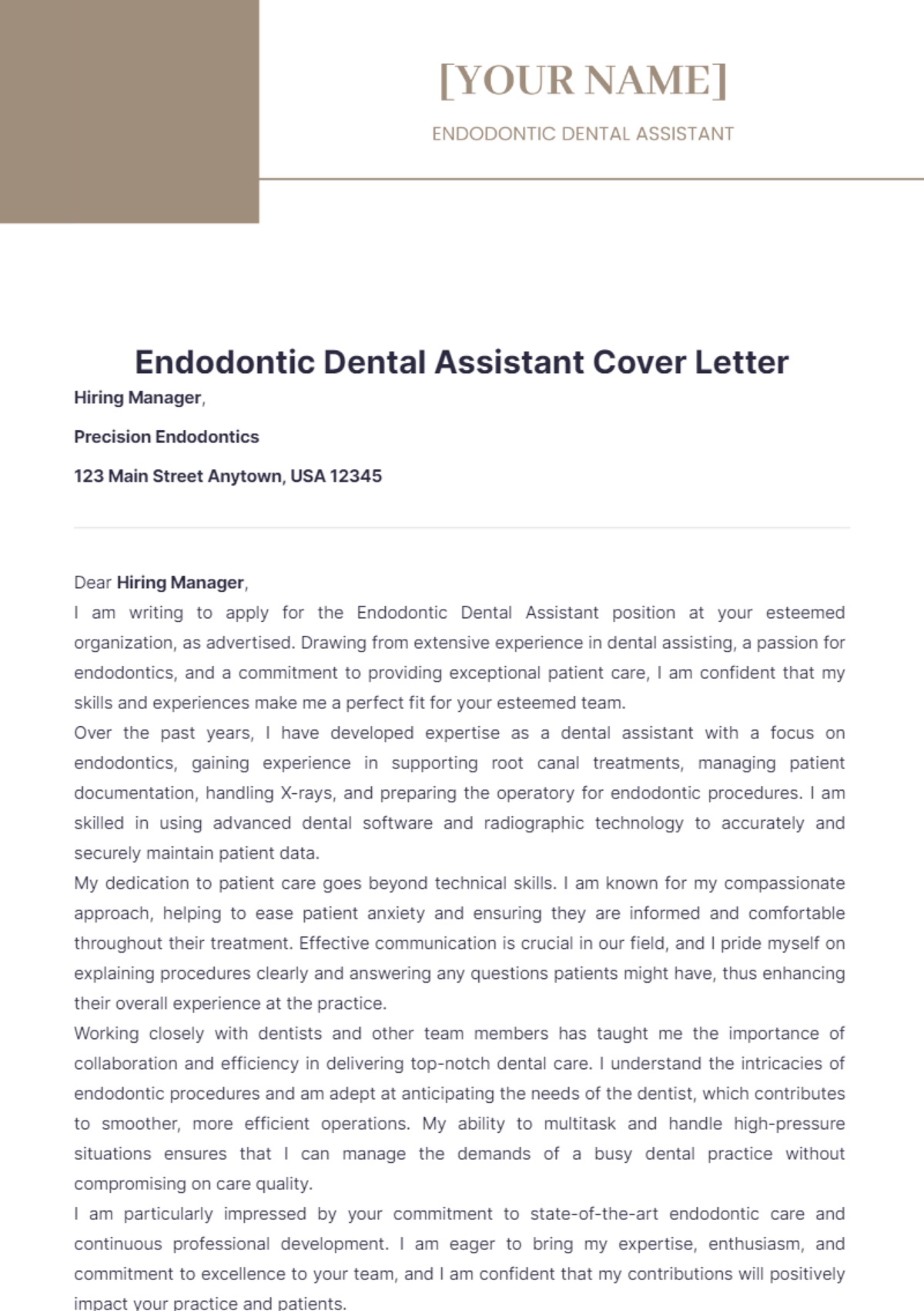 Endodontic Dental Assistant Cover Letter - Edit Online & Download