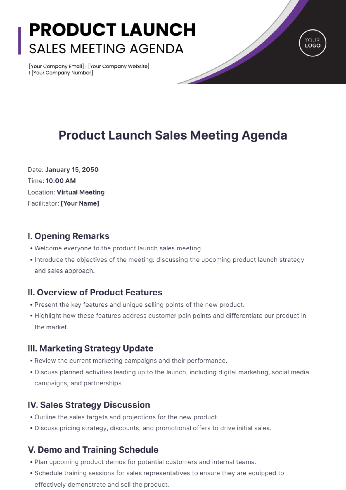 Product Launch Sales Meeting Agenda Template - Edit Online & Download