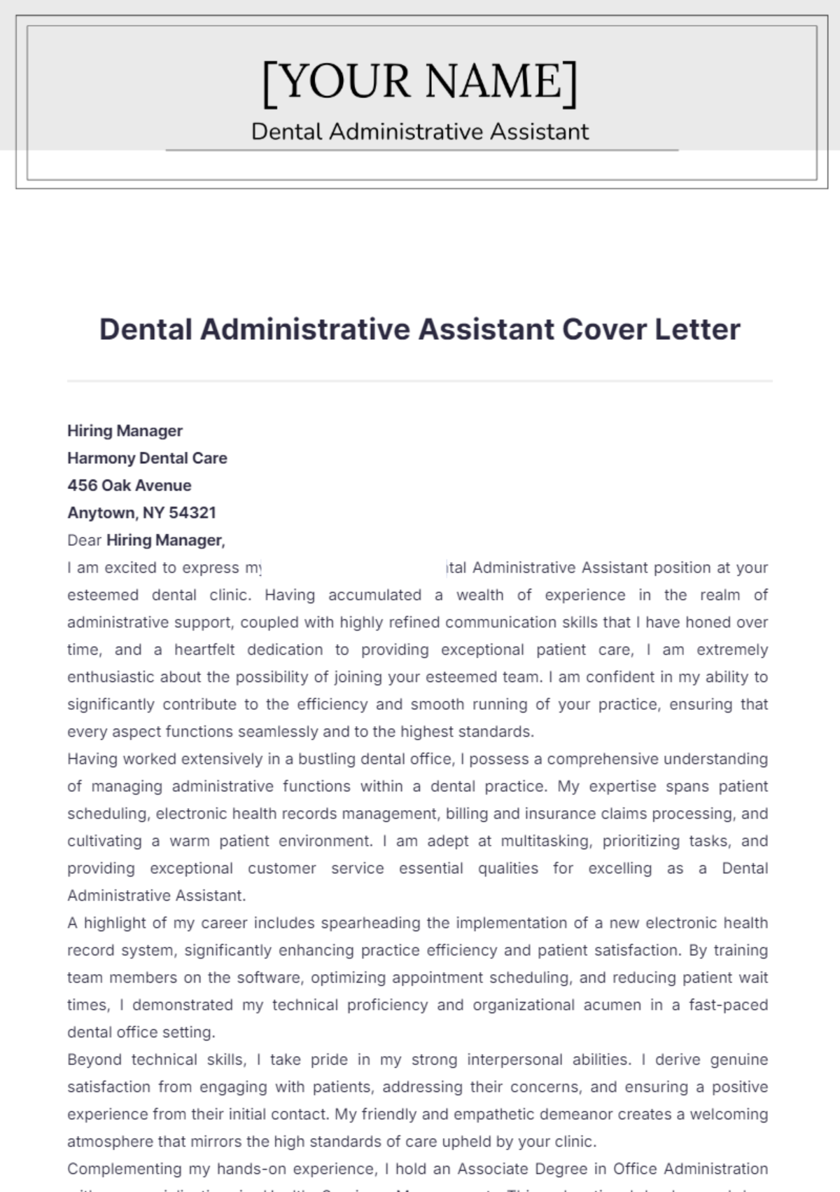 Dental Administrative Assistant Cover Letter - Edit Online & Download