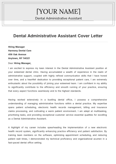 Free Dental Administrative Assistant Cover Letter to Edit Online