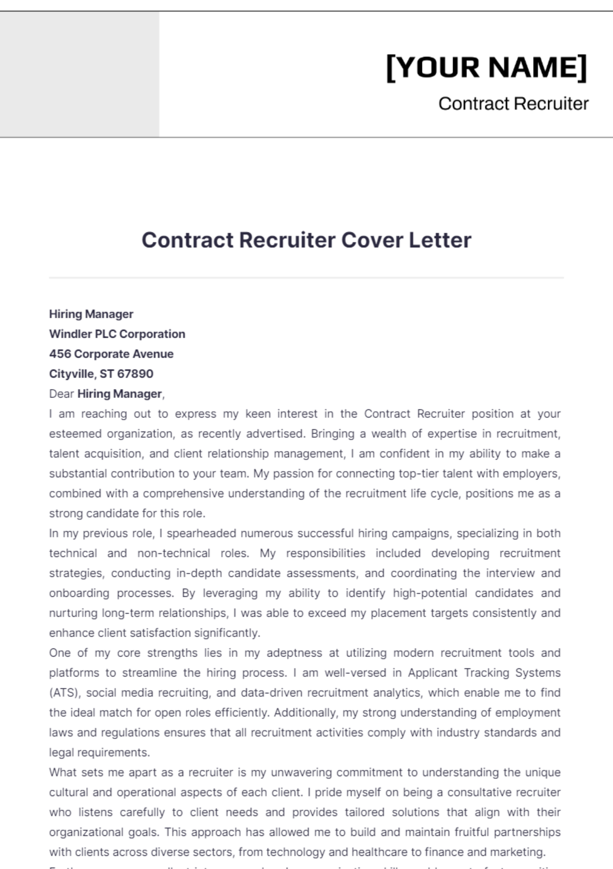 Contract Recruiter Cover Letter - Edit Online & Download