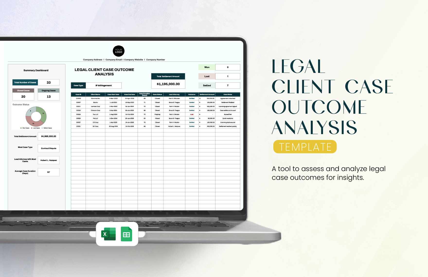 Legal Client Case Outcome Analysis Template in Excel, Google Sheets