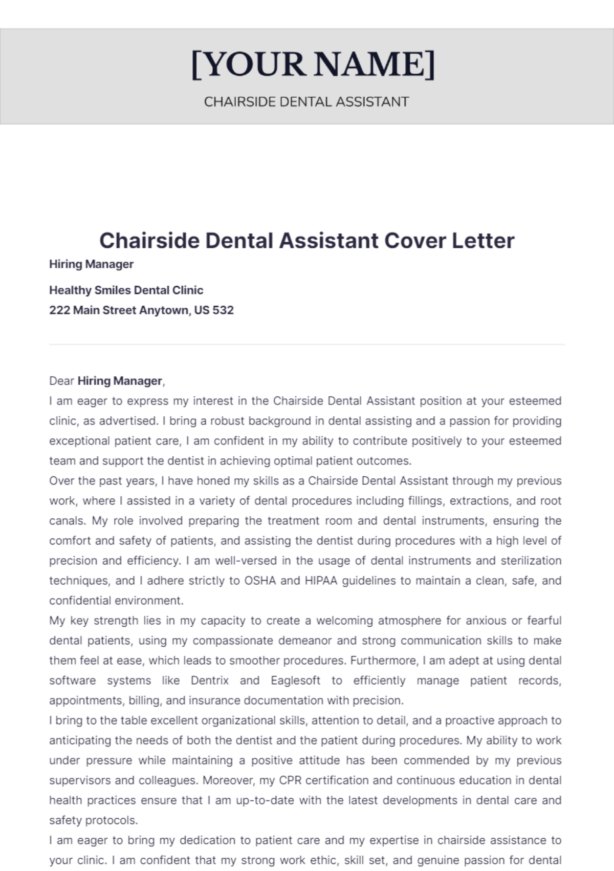 Chairside Dental Assistant Cover Letter - Edit Online & Download