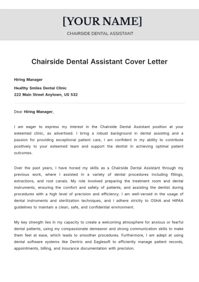 Free Chairside Dental Assistant Cover Letter to Edit Online