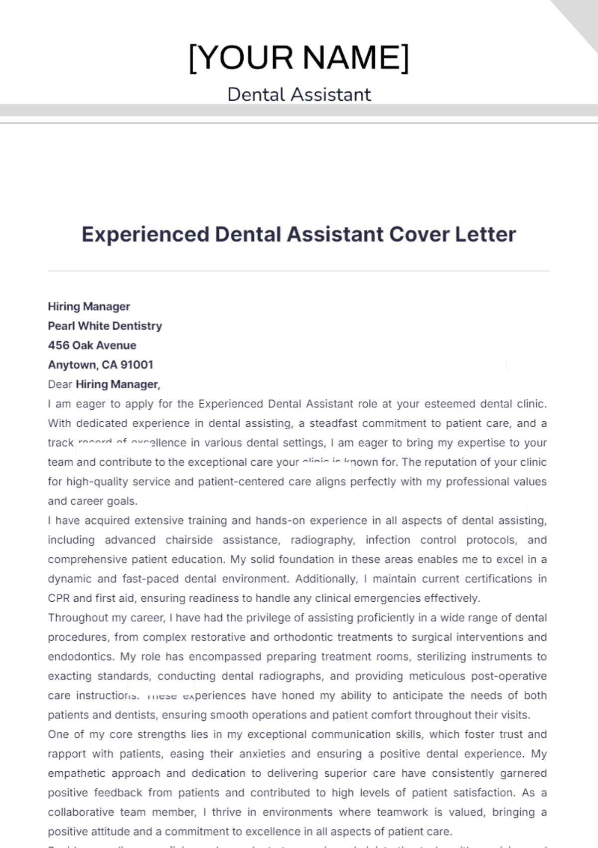 Experienced Dental Assistant Cover Letter - Edit Online & Download