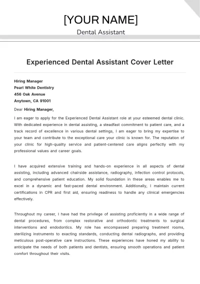 Free Experienced Dental Assistant Cover Letter to Edit Online