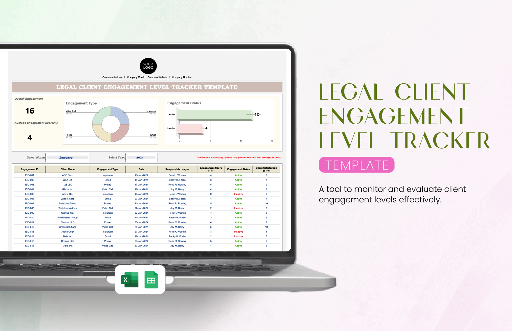 Legal Client Engagement Level Tracker Template in Excel, Google Sheets