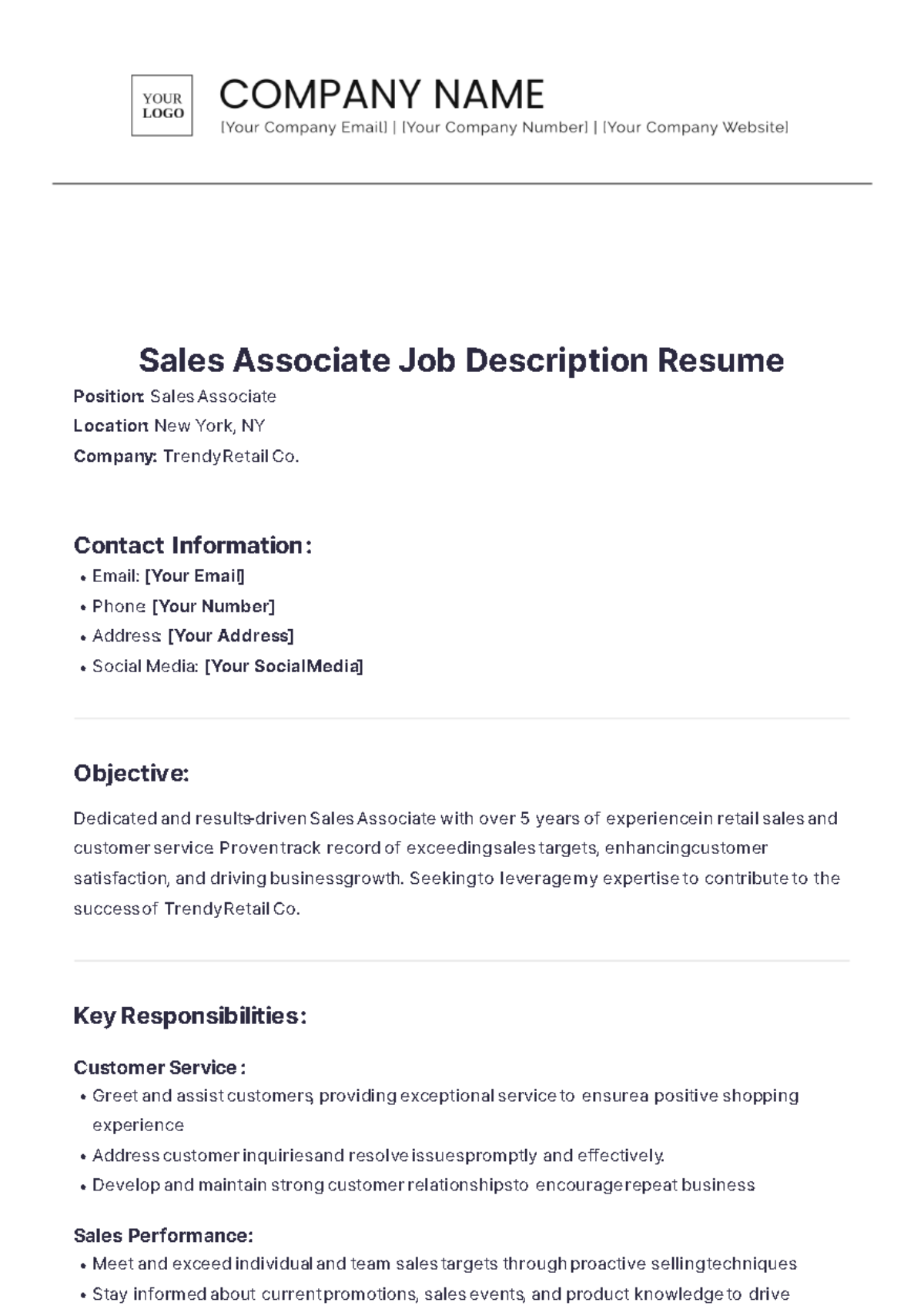 Sales Associate Job Description Resume